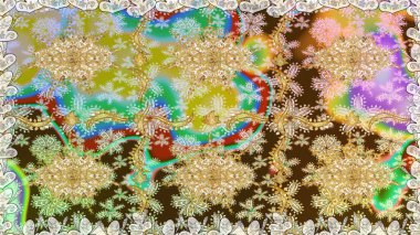 El yapımı dekoratif çerçeve, albüm kapağı, tebrik kartı, klasik Art deco tarzı. Raster soyut çiçek çelengi altın karalama fantezi yaprakları ve tarafsız renklerde çiçek.