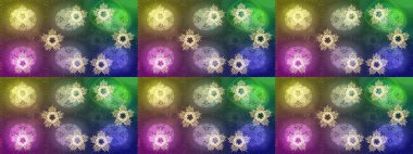 Kar tanelerinin soyut arkaplanlı Noel şablonu. Yeşil, nötr ve mor kar taneleri. Raster illüstrasyonu. Noel ve Yeni Yıl moda baskıları için tatil tasarımı.