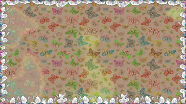 Elle çizilmiş illüstrasyon. Kıyafetler, erkekler, kızlar ve duvar kağıtları için soyut, pürüzsüz desen. Raster. Renkli kelebeklerin güzel arka planı.