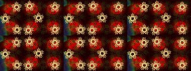 Kış kar tanesi, raster arka plan. Renkli arka planda izole kar taneleri. Yüzey için tekrarlanan doku, ambalaj kağıdı, kahverengi, siyah ve kırmızı renkler. Raster illüstrasyonu.