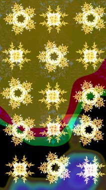 Kumaş veya Duvar Kağıdı Tasarımı. Folk Style. Lace Snowflakes 'in etnik kökü. Stilize Çiçekler. Raster illüstrasyonu. Tekstil için Lacy Fashion Print. Mandalas Dekoratif Doku Arkaplanı.