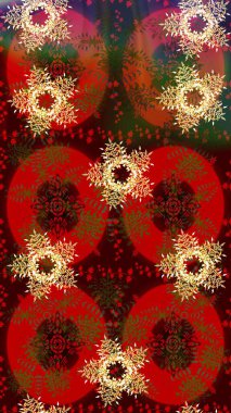 Raster illüstrasyonu. Kristal kar taneleri kahverengi, kırmızı ve yeşil renklerde.