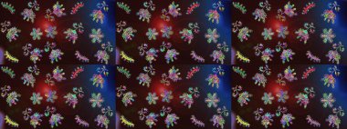 Yapraklı çiçekler ve kahverengi, mavi ve gri renkte papatya çiçekleri. Kusursuz bir arka plan modeli. Raster - stok.