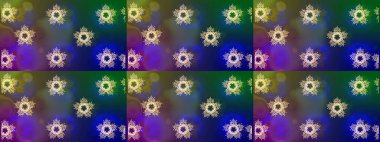 Düşen Noel stili kar taneleri. Güzel, mavi, yeşil ve mor kar taneleri renkli bir arka planda izole edilmiş. Kar taneleri, kar yağışı. Görüntü.