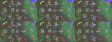 Çiçek desenli çizim. Raster illüstrasyonu. Asya tekstil tarzında. Çiçekler gri, yeşil ve mavi renklerde. Renkli Bahar Teması eskiz kalıbı. Düz Çiçek Elementleri Tasarımı.