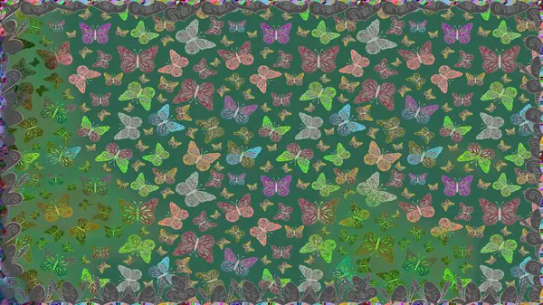 Yeşil sevimli arka planda kelebekler. Kağıt, kumaş ve ambalaj için uygun. Raster. Kusursuz desen.
