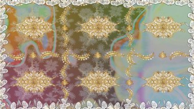 Çiçekli süslemeli Raster. Süslü dantel iz sürücü. Duvar kâğıdı için altın süslü bir illüstrasyon. Doğu tarzında klasik tasarım öğesi. Tarafsız renkler üzerine geleneksel Arapça dekor.