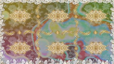 İslam tasarımı. Kusursuz desenli oryantal süs. Altın elementlerle nötr renklerde altın desen. Raster altın tekstil baskısı. Çiçek karoları.