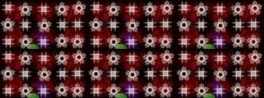 Siyah, kahverengi ve kırmızı renkte kar tanelerinden oluşan kış deseni. Raster illüstrasyonu. Düz yatıyordu. Kış konsepti.