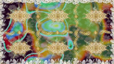 Yeşil renkte altın elementler. Kusursuz raster arka plan. Duvar kâğıdı barok, İspanyol kumaşı. Şık bir grafik desen. Çiçek deseni.