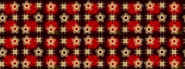 Kar tanelerinin soyut arkaplanlı Noel şablonu. Kahverengi, kırmızı ve siyah kar taneleri. Renkler. Raster illüstrasyonu. Noel ve Yeni Yıl moda baskıları için tatil tasarımı.