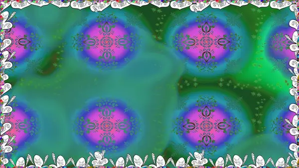 Yeşil arka planda. Çocuksu tasarım. Tekstil, kumaş, ambalaj, hatıra defteri için hoş bir çiçek arkaplanı. Elle çizilmiş karalama çiçekleri ile pürüzsüz desen.