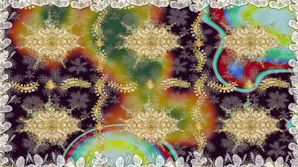 Altın karalama fantezi yapraklarından ve kahverengi renkli çiçeklerden Raster soyut çiçek çelengi. El yapımı dekoratif çerçeve, albüm kapağı, tebrik kartı, klasik Art deco tarzı.