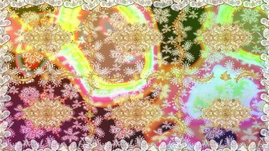 Dekoratif simetri arabesk. Doğum günü kartı, davetiye ya da afiş için iyidir. Tarafsız renklerde altın. Raster illüstrasyonu. Kusursuz ortaçağ çiçek desenleri..