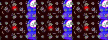 Soyut çiçek çizim kalıbı arka planı. Raster deseni. Raster illüstrasyonu. Siyah, mavi ve mor renklerde. Küçük çiçekte sevimli çiçek deseni var..