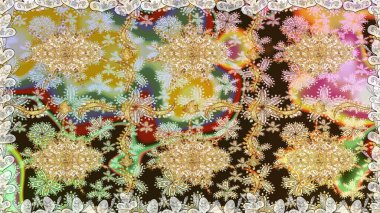 Tarafsız renklerde desen. Kına dövmeli süs çiçekleri, altın çıkartmalar, mehndi ve yoga tasarımı, kartlar ve parmak izleri. Raster altın mehndi kusursuz desen.