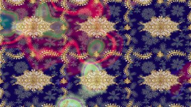 Süslü dekorasyon. Lüks, kraliyet ve Viktorya dönemi konsepti. Altın elementlerle mavi renklerde altın desen. Raster klasik barok çiçek desenli altın rengi..