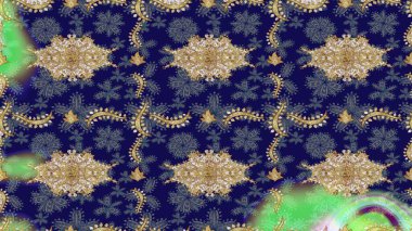 Dekoratif simetri arabesk. Doğum günü kartı, davetiye ya da afiş için iyidir. Mavi renkte altın. Raster illüstrasyonu. Ortaçağ çiçek desenini çiz..