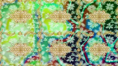 Altın şablonu çiz. Altın elementlerle yeşil renklerde altın desen. Raster doğulu süsü.