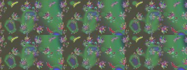 Çiçekli güzel suluboya desen. Raster illüstrasyonu. Yeşil, gri ve mavi renklerde.