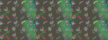 Çiçekli karalama şeklinde Raster çiçek deseni. Yumuşak, bahar çiçekli arka plan. Çiçekler gri, yeşil ve mavi renklerde.