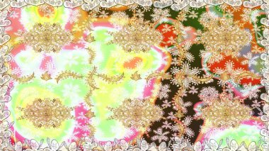 Kına dövmeli süs çiçekleri, altın çıkartmalar, mehndi ve yoga tasarımı, kartlar ve parmak izleri. Raster Golden Mehndi kusursuz desen. Tarafsız renklerde desen.