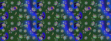 Suluboya elle çizilmiş çiçek desenli eskiz deseni. Parlak renkli fantezi çiçekleri, yapraklar, yeşil renkli tomurcuklar.