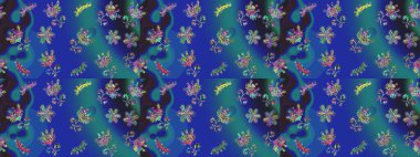 Bokeh mavisi, menekşe, yeşillik ve kar taneleriyle dekoratif Noel arkaplanı. Raster illüstrasyonu.