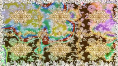 Damask altın soyut çiçek nötr renklerde pürüzsüz desen. Raster illüstrasyonu. Süsleme.