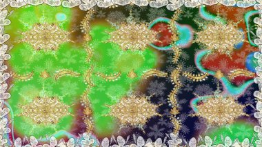 Yeşil renklerdeki altın element. Çizgi sanatı tasarım şablonu için kusursuz sınır. Altın desenli çiçek dekoru. Davetiyeler, kartlar, web sayfası için Raster illüstrasyon. Doğu tarzı ögesi.