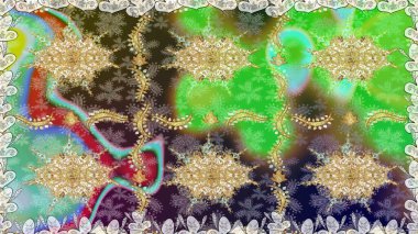 Altın elementlerle yeşil renklerde altın desen. Barok tarzında duvar kağıdı tasarımı için kusursuz damaske deseni arkaplanı. Süslü raster dekorasyonu.