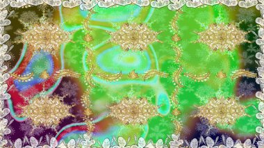 Parlak dantel, stilize çiçekler, şal desenli. Raster sanatı. Doğu tarzı arabesk. Yeşil renklerde, altın elementlerle kusursuz desen. Kusursuz altın desenli bukleler. Zarif altın deseni aç