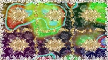 Raster altın desen. Doğulu stil, altın elementli yeşil renkli altın desenli arabesk yapar. Kusursuz kıvırcık saçlar..