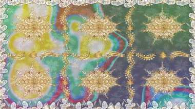 Doğum günü kartı, davetiye ya da afiş için iyidir. Kusursuz ortaçağ çiçek deseni. Raster illüstrasyonu. Tarafsız renklerde altın. Dekoratif simetri arabesk.