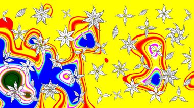 Raster çiçek desenli çiçek deseni, yapraklar, dekoratif elementler, sıçrama, lekeler, el çizimi kontur çizgileri ve Doodle çizim stili, grafik raster çizim çizimi.