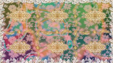 Bej renkli geleneksel Arapça dekor. Doğu tarzında klasik tasarım öğesi. Çiçekli süslemeli, pürüzsüz bir desen. Süslü dantel iz sürücü. Duvar kağıdı için altın süslü illüstrasyon.