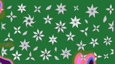 Küçük çiçekteki sevimli çiçek deseni. Bir sürü yeşil ve soyut çiçekli tropik eskiz deseni. Varicologreen Raster çizimi.