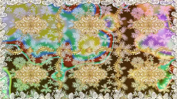 Damask altın soyut çiçek nötr renklerde pürüzsüz desen. Raster illüstrasyonu. Süsleme.