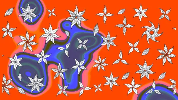 Üzerinde turuncu renkte karalamalar olan çiçek desenleri çiz. Raster illüstrasyonu.