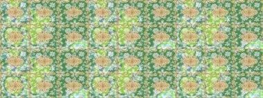 Damask altın soyut çiçek deseni yeşil renklerde. Raster illüstrasyonu. Süsleme.