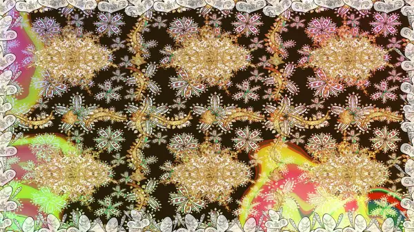 Klasik klasik klasik arka plan. Kusursuz klasik raster altın desenli. Raster illüstrasyonu. Geleneksel oryantasyon süsü. Kahverengi renklerde, altın elementlerle kusursuz desen.