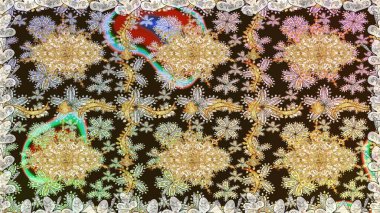 Çiçekli süslemeli, pürüzsüz bir desen. Doğu tarzında klasik tasarım öğesi. Duvar kâğıdı için altın süslü bir illüstrasyon. Kahverengi renkli geleneksel Arap dekoru. Süslü dantel iz sürücü.