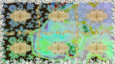 Çiçek kiremitleri. Altın elementlerle nötr renklerde altın desen. Raster altın tekstil baskısı. Kusursuz desenli oryantal süs. İslam tasarımı.