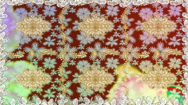 Duvar kâğıdı barok, İspanyol kumaşı. Kusursuz raster arka plan. Şık bir grafik desen. Çiçek deseni. Tarafsız renklerdeki altın elementler.