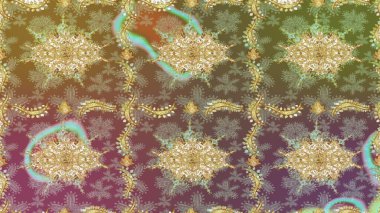 İslam tasarımı. Kusursuz desenli oryantal süs. Raster altın tekstil baskısı. Çiçek kiremitleri. Altın elementlerle kahverengi renklerde altın desen.