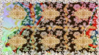 Paisleys zarif çiçek desenli dikişsiz arka plan duvar kâğıdı illüstrasyonuyla klasik stil, modern 3D çizgili sanat altın ve kahverengi desenli çiçek yaprakları ve süslemeleri..