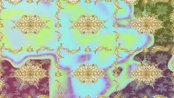 Raster illüstrasyonu. Süslü dekorasyon. Damask altın soyut çiçek nötr renklerde pürüzsüz desen.