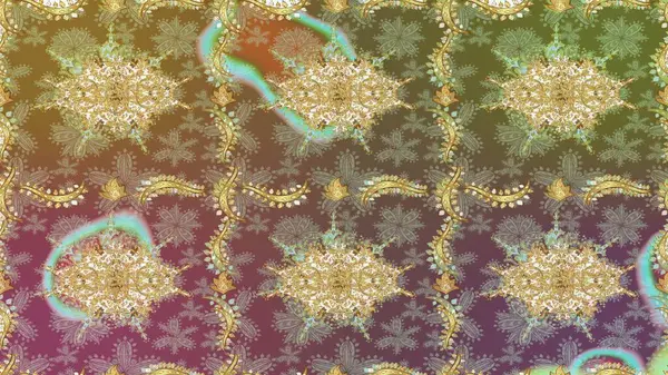 İslam tasarımı. Kusursuz desenli oryantal süs. Raster altın tekstil baskısı. Çiçek kiremitleri. Altın elementlerle kahverengi renklerde altın desen.