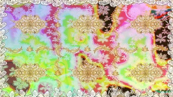 Raster illüstrasyonu. Süslü dekorasyon. Damask altın soyut çiçek nötr renklerde pürüzsüz desen.