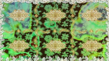 Yeşil renkte altın elementler. Çiçek deseni. Duvar kâğıdı barok, İspanyol kumaşı. Kusursuz raster arka plan. Şekil grafik deseni.